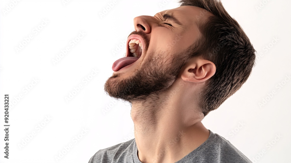 Obraz premium 240805 162. A man having pain at tongue inside home. Lingual muscle swollen due to glossitis and excessive spicy food consumption longtime. Health and medical concept isolated on white background,png