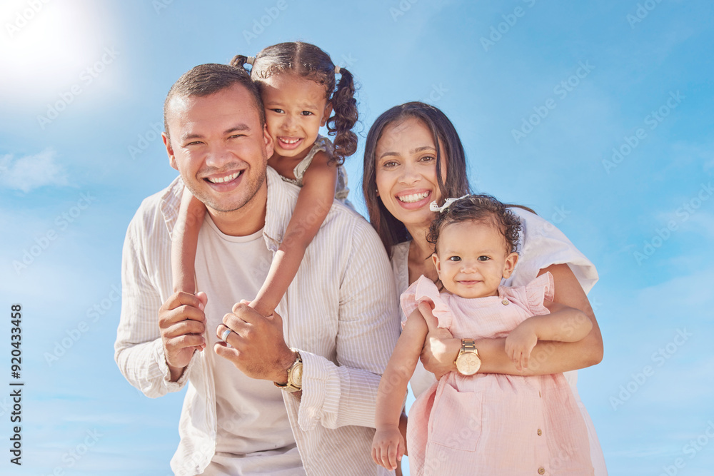 Portrait, dad and vacation with family, beach and carrying of daughter for fresh air and bonding. Outdoor, man and woman with children for fun, parents and kids in sea of Florida, nature and water Portrait, dad and vacation with family, beach and carrying of daughter for fresh air and bonding. Outdoor, man and woman with children for fun, parents and kids in sea of Florida, nature and water