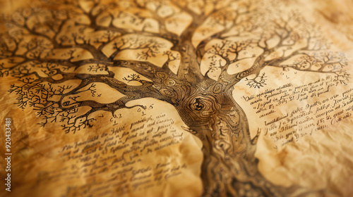 Close-up of an intricately drawn family tree chart with names and birthdates in calligraphy, on parchment paper