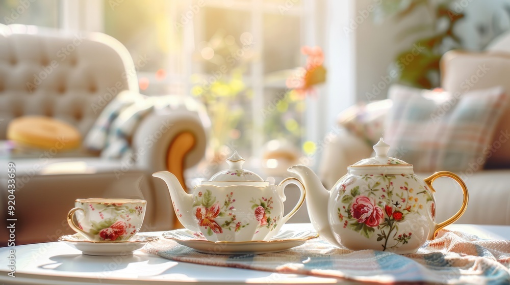 Elegant Tea Set on a Table with Sun Rays Shining Through a Window Elegant Tea Set on a Table with Sun Rays Shining Through a Window