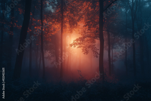 Gloomy and dark forest with fog, road during a foggy morning atmosphere.