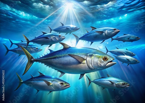 Sleek bluefin tuna fish dart through the ocean's blue depths, their shimmering scales catching sunlight, their school moving in synchronized, mesmerizing harmony underwater.