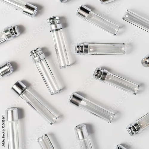 Glass medical vials lying on the surface, arranged with labels visible, showcasing pharmaceutical contents, top view angle for clarity. 

 photo