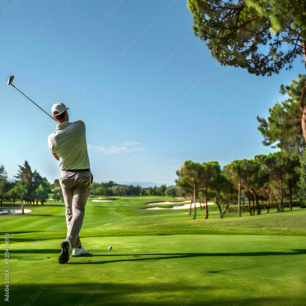 Golfer in Mid-Swing at Scenic Golf Course on a Sunny Day Golfer in Mid-Swing at Scenic Golf Course on a Sunny Day