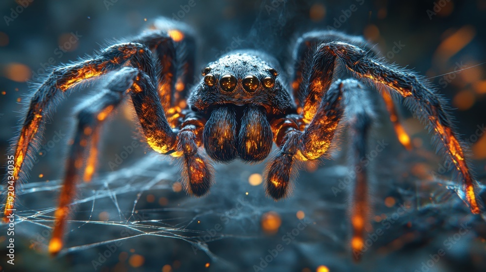 Fototapeta premium Intricate 3D Spider on Web: Halloween Horror Perspectives with Detailed Arachnid Features