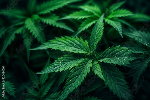 Close-up of vibrant green cannabis leaves with water droplets, showcasing the plant's distinctive serrated edges and lush foliage in natural light