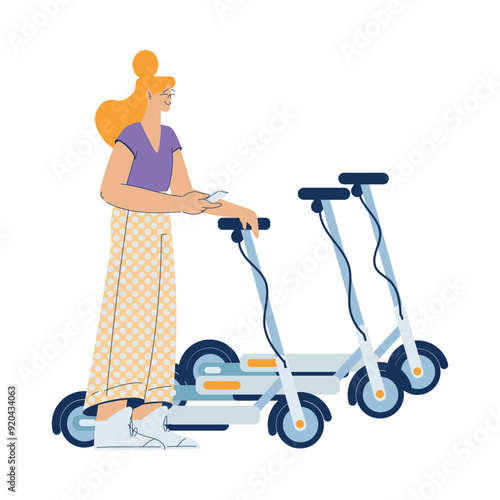 Electric Transport with Woman Character Ride Scooter Vector Illustration