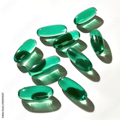 Gelatin green capsules lying on the surface, isolated on white background, showcasing their glossy finish and uniform shape, professional product photography.

 photo