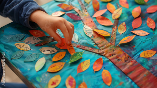 Wallpaper Mural Close-up of a child adding leaves with family names to a craft family tree poster, using colorful stickers Torontodigital.ca