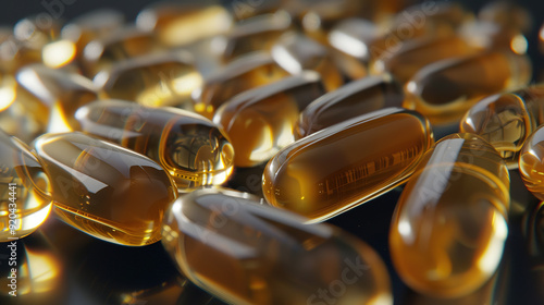 High-quality golden orange gelatin capsules arranged in an angle view, showcasing their smooth texture and translucent appearance, suitable for pharmaceutical or dietary applications. 

 photo