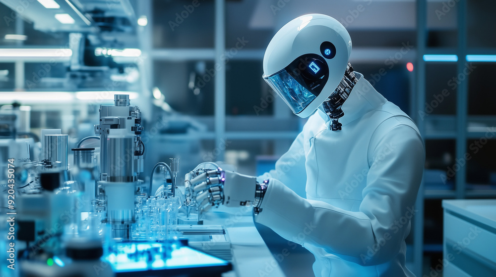 High-Tech AI Laboratory Where Autonomous Robots Conducting Scientific Research. High-Tech AI Laboratory Where Autonomous Robots Conducting Scientific Research.
