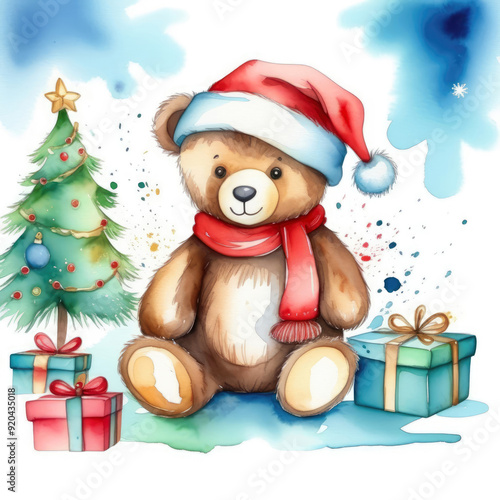 Watercolor Illustration Toy Bear in New Year Hat with Gifts