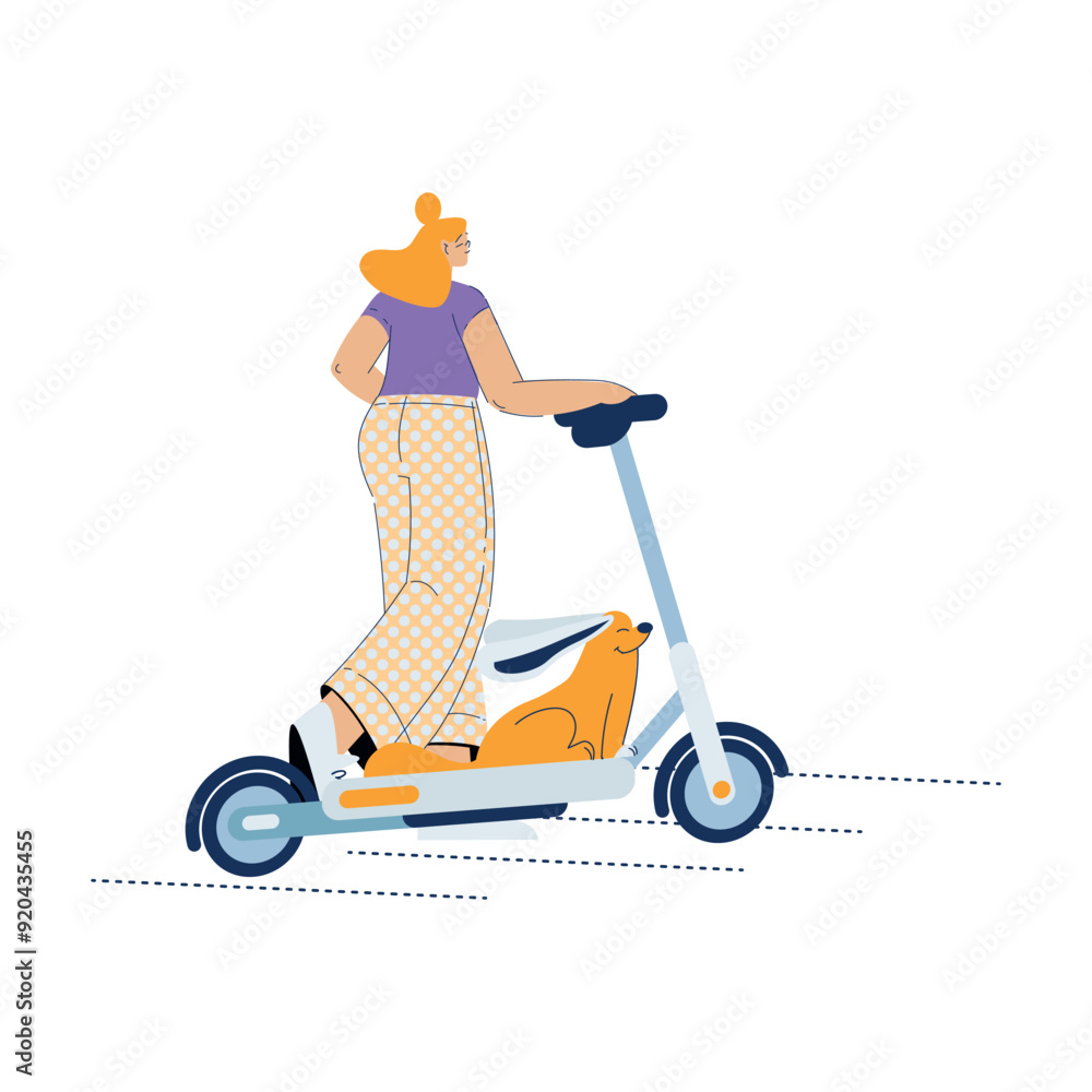 Electric Transport with Woman Character Ride Scooter with dog Pet Vector Illustration Electric Transport with Woman Character Ride Scooter with dog Pet Vector Illustration