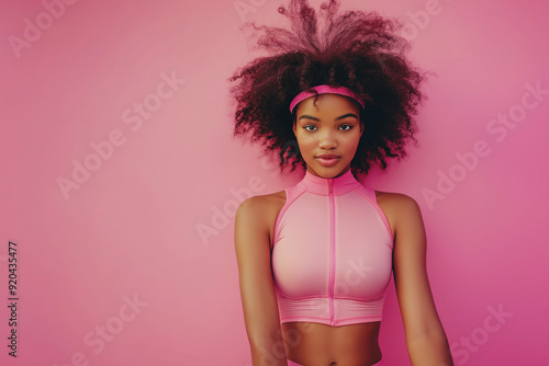 Beautiful woman in pink spandex legging sport suit isolated on pink background. photo