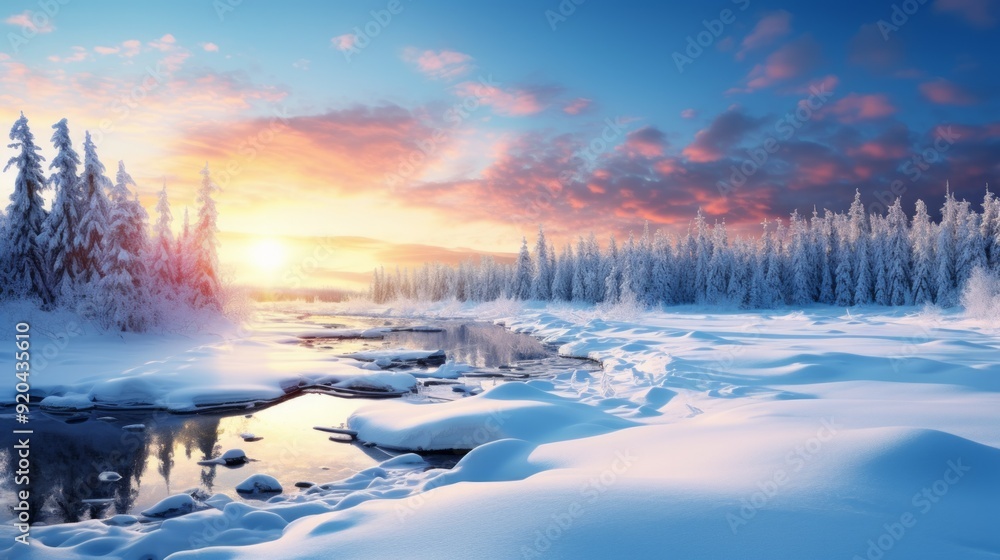 Fototapeta premium Amazing sunrise in the mountains. Sunset winter landscape with snow covered pine trees in violet and pink colors. Neural network ai generated art
