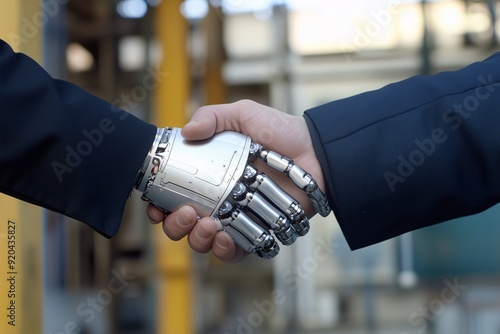 Detail Shot of a Human and Robot Shaking Hands on a White Background