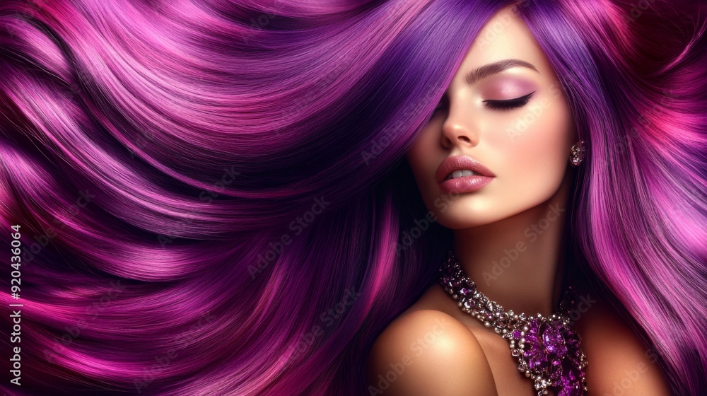 Enchanting Elegance: A Woman's Long, Shiny Purple Hair with Striking Black Roots, Captured in a Dark, Focused Setting. Enchanting Elegance: A Woman's Long, Shiny Purple Hair with Striking Black Roots, Captured in a Dark, Focused Setting.
