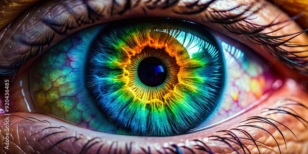 Obraz premium Vibrant macro photography captures the intricate human eye, showcasing a kaleidoscope of colors in the iris and the delicate, lace-like patterns surrounding the pupil.