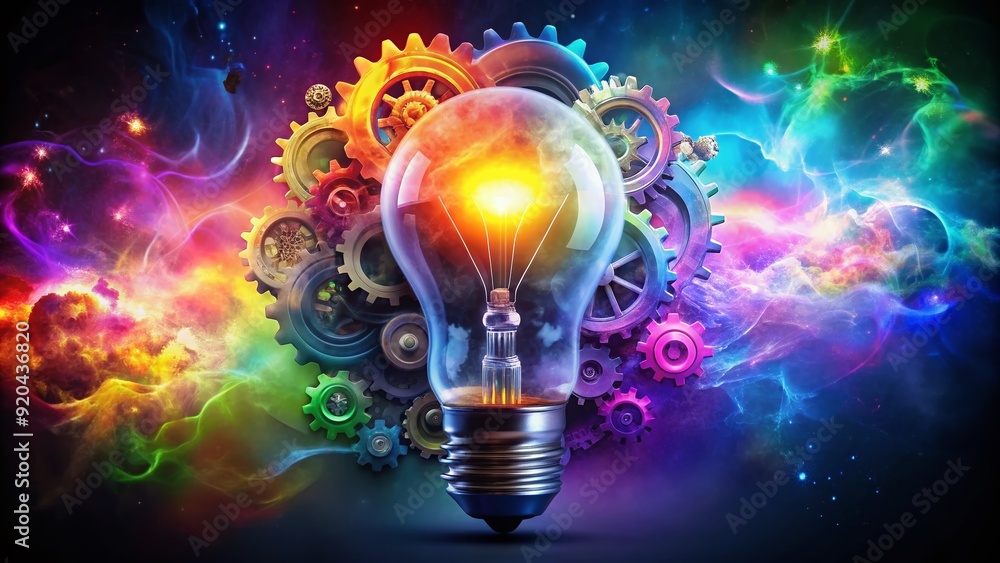 Vibrant illustration of a lightbulb surrounded by colorful swirling clouds, gears, and sparks, symbolizing a creative idea bursting with innovation and imagination. Vibrant illustration of a lightbulb surrounded by colorful swirling clouds, gears, and sparks, symbolizing a creative idea bursting with innovation and imagination.
