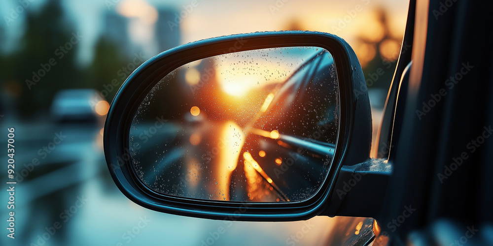 Rear view mirror of a car on street.
Rear view mirror of a car on street.
