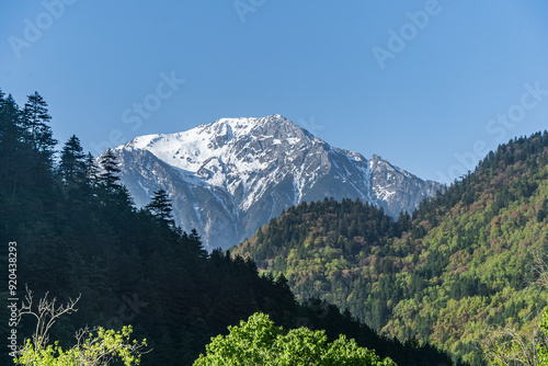 Snowy mountain peak in Jiuzhaigou National Park, China