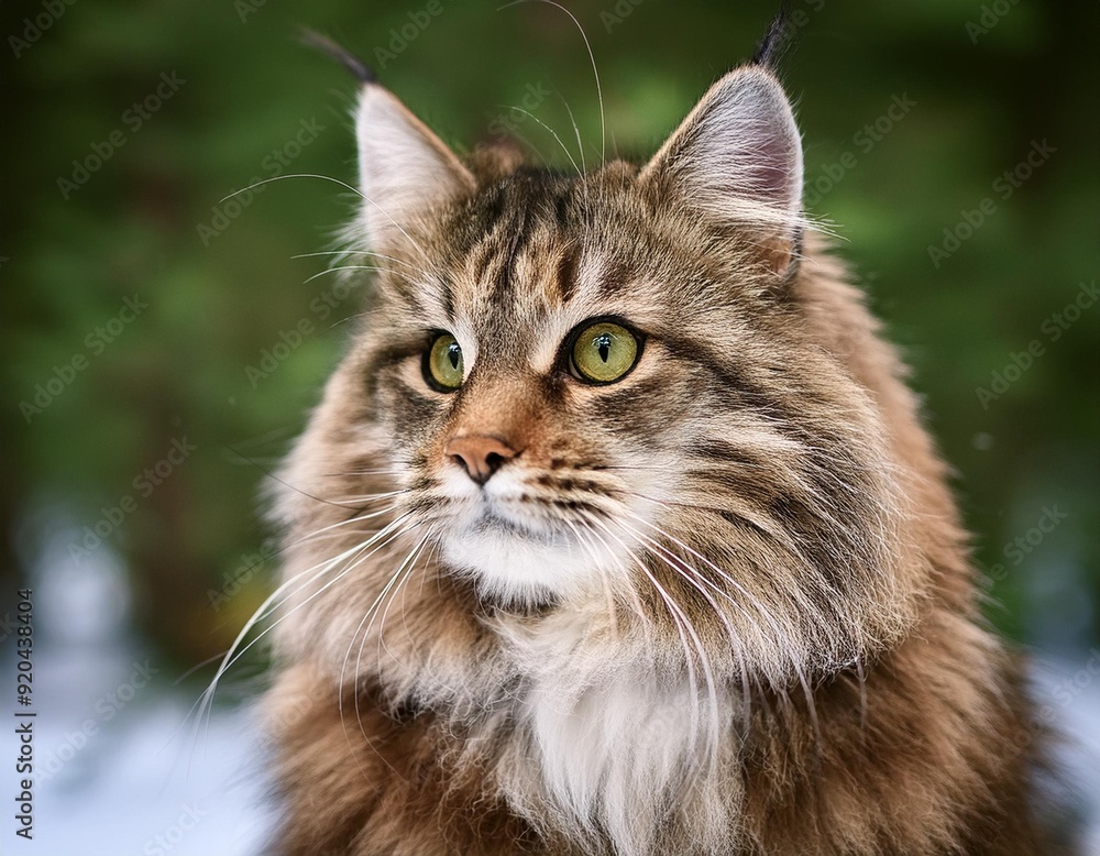 Fototapeta premium Close-up portrait photo of a cute cat's face with green background