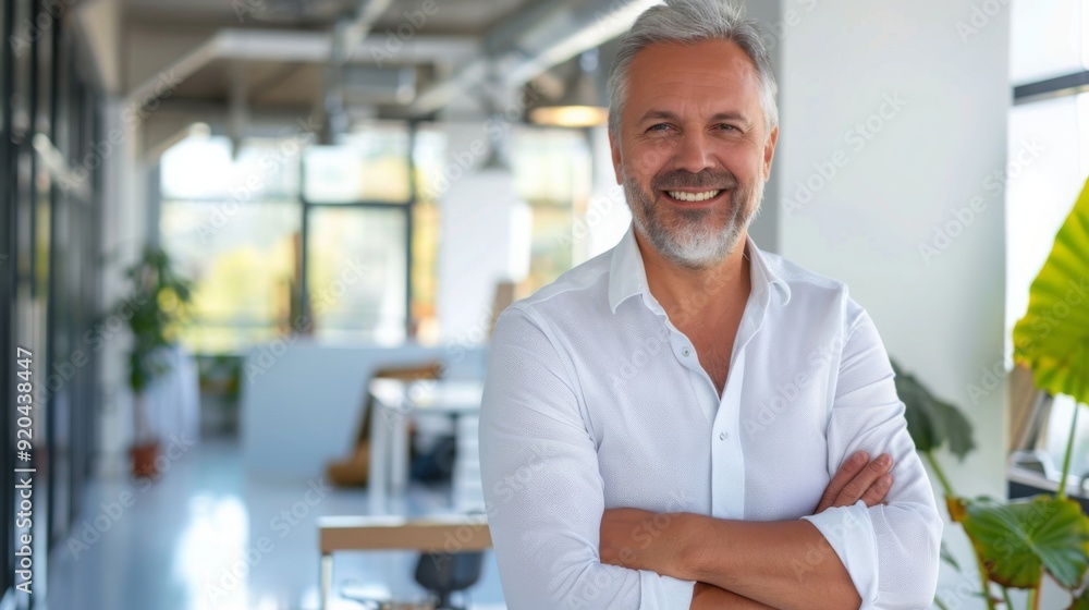 Smiling handsome businessman with crossed arms in modern office, middle-aged gray-haired man exuding confidence, business success concept. Smiling handsome businessman with crossed arms in modern office, middle-aged gray-haired man exuding confidence, business success concept.