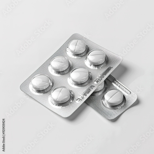 Blister pack with round pills arranged neatly on a surface, showcasing the pharmaceutical product layout for medical use in a clinical setting. 

 photo