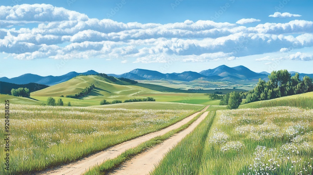 Horizon view of meadows and country road Horizon view of meadows and country road