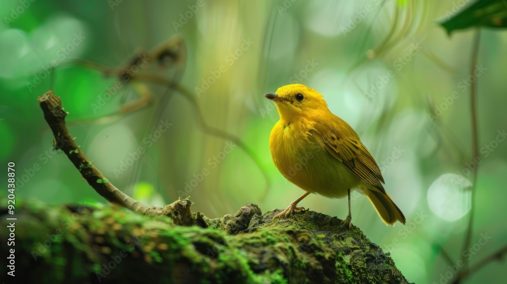 Obraz premium A yellow bird perched on a branch in a lush green forest
