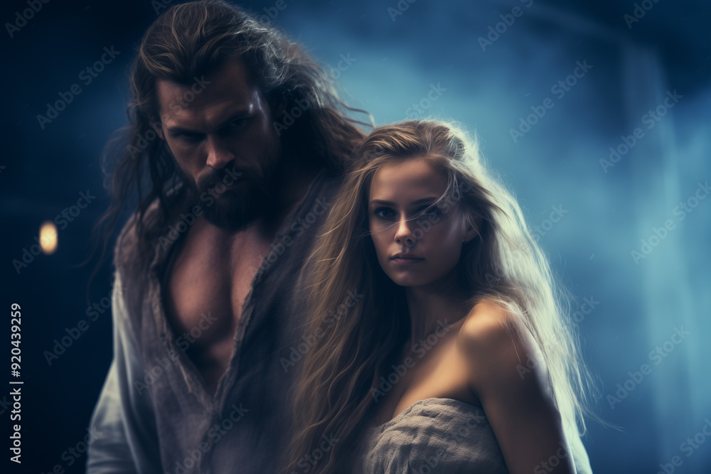 Athletic couple - beautiful girl and brutal muscular barbarian man in dark fantasy atmosphere. Mystical cover concept Athletic couple - beautiful girl and brutal muscular barbarian man in dark fantasy atmosphere. Mystical cover concept