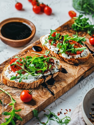 Slice of bread with cream cheese and salad on a board, white background, recipes, food photography, ingredients, nutrition photo