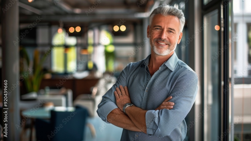 Smiling handsome businessman with crossed arms in modern office, middle-aged gray-haired man exuding confidence, business success concept. Smiling handsome businessman with crossed arms in modern office, middle-aged gray-haired man exuding confidence, business success concept.