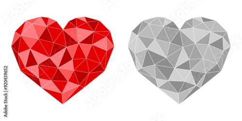 Polygonal, mosaic red and gray hearts.  Design elements for Valentine's Day, love, or romance. Flat heart collection, herz sammlung. Vector illustration