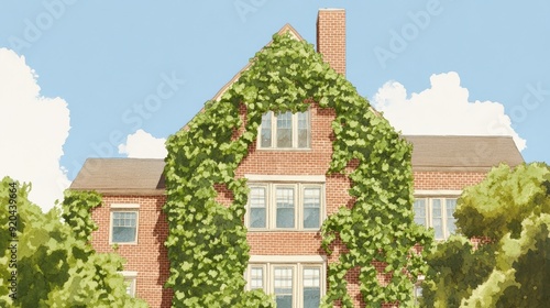 A charming brick house adorned with lush green ivy, set against a clear blue sky, embodying nature's beauty and tranquility. watercolor style