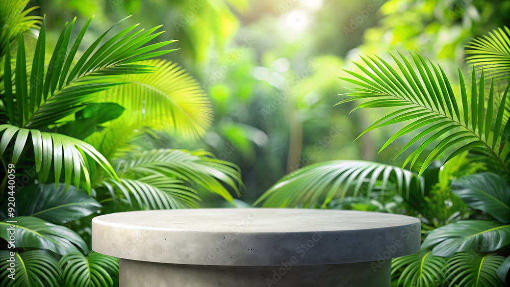 Stone Podium with Tropical Leaf Background Stone Podium with Tropical Leaf Background
