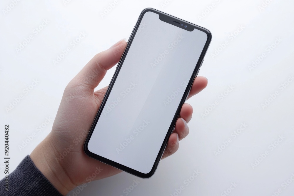 Blank Smartphone Mockup on Hand created with Generative AI Blank Smartphone Mockup on Hand created with Generative AI