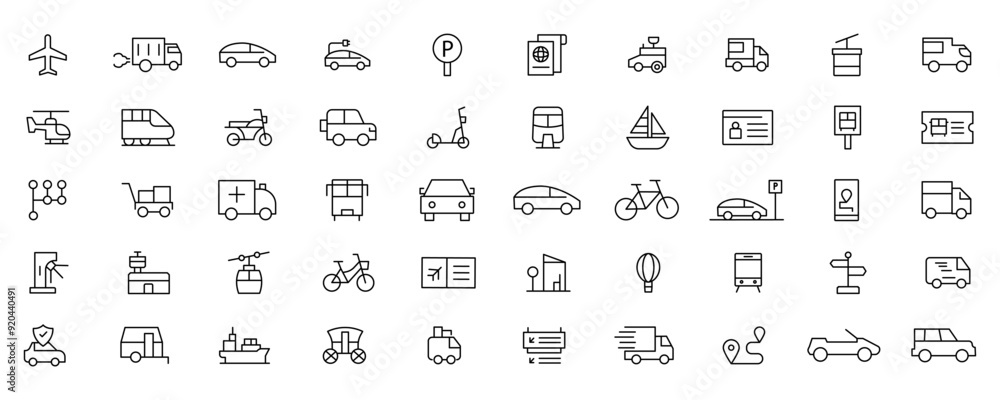 Vehicle and Transport line icon set. Containing car, bike, plane, train, bicycle, motorbike, bus and scooter icons. Transportation Simple line icon collections Vehicle and Transport line icon set. Containing car, bike, plane, train, bicycle, motorbike, bus and scooter icons. Transportation Simple line icon collections