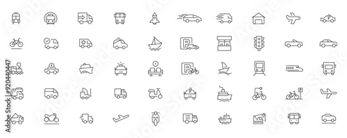Vehicle and Transport line icon set. Containing car, bike, plane, train, bicycle, motorbike, bus and scooter icons. Transportation Simple line icon collections