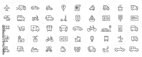 Vehicle and Transport line icon set. Containing car, bike, plane, train, bicycle, motorbike, bus and scooter icons. Transportation Simple line icon collections