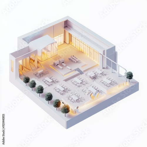 3D Render of a convention center with a large main area for events and additional spaces for smaller meetings photo