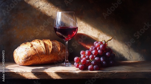 Opulent Still Life with Glass of Red Wine, Fresh Bread, and Bunches of Grapes on Rustic Wooden Table - Classic Fine Art Composition