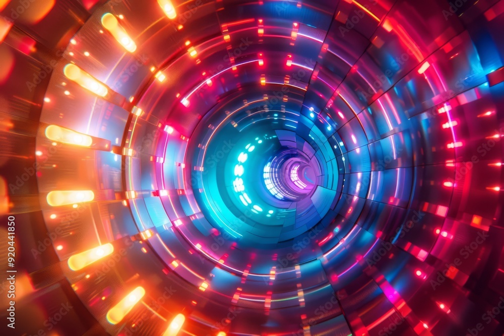 An abstract representation of a vibrant tunnel filled with a dazzling array of colorful, moving lights An abstract representation of a vibrant tunnel filled with a dazzling array of colorful, moving lights