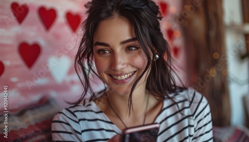 Young smiling dreamful woman 20s wearing casual striped shirt