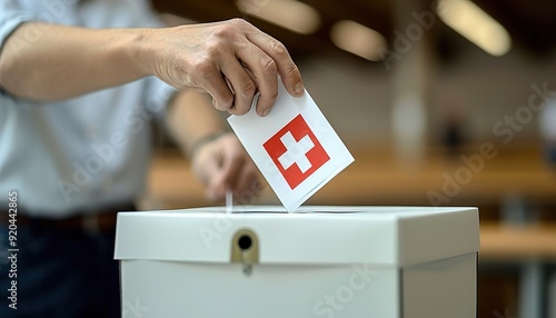 A Swiss citizen inserting a ballot into a ballot box