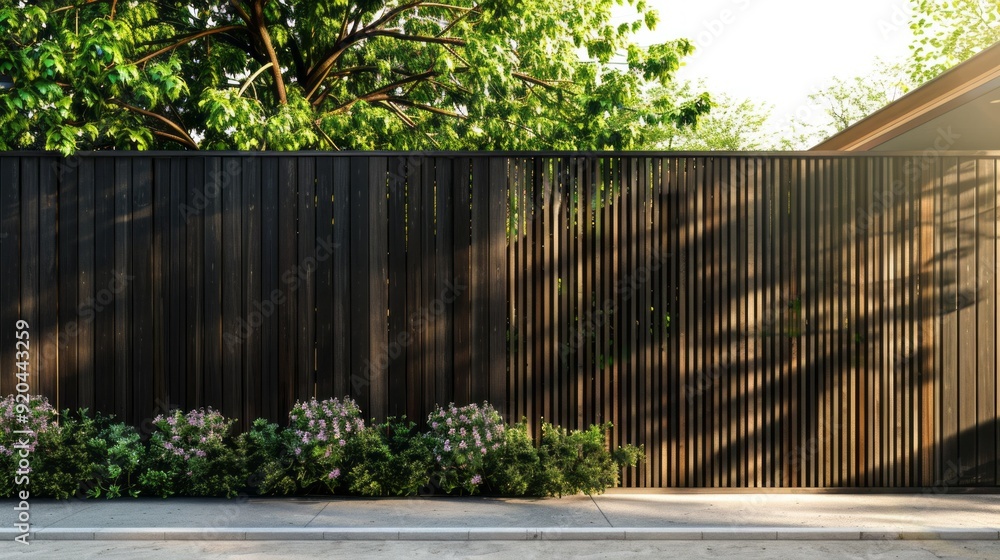 A wooden fence with a row of bushes in front of it A wooden fence with a row of bushes in front of it