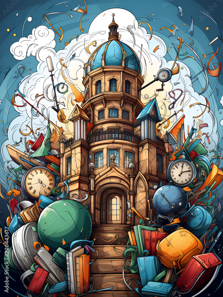 Obraz premium An abstract illustration consisting of many school-themed objects.