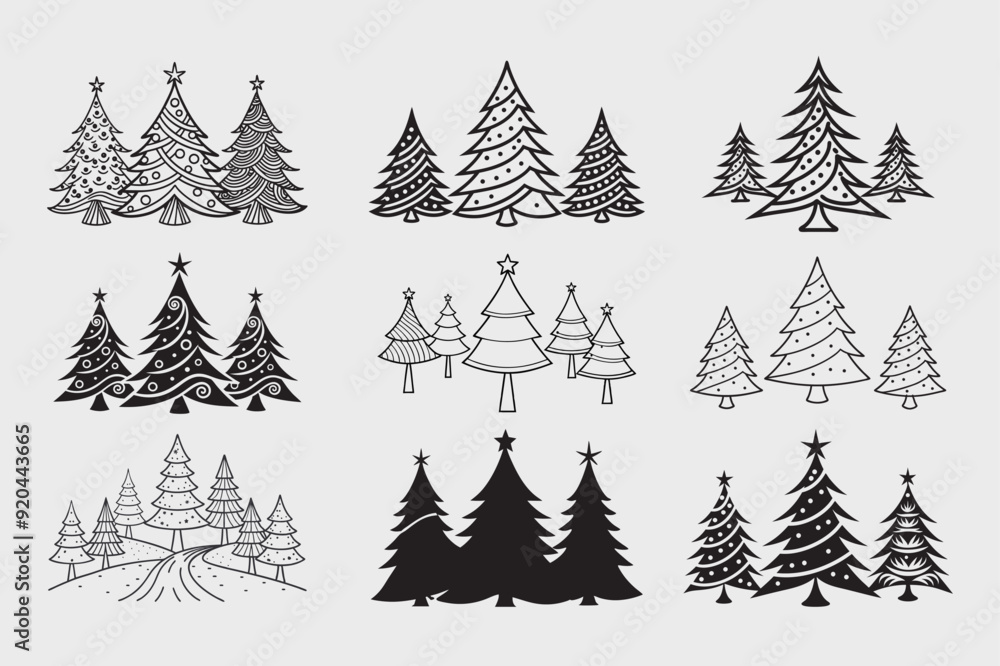 Obraz premium Christmas Tree Set - Hand Drawn Illustrations, Pro Vector Art, Geometric & Line Art, Kawaii Cartoon, Mascot Logos