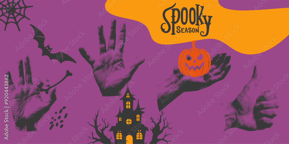 Obraz premium Vector Halloween collage with pumpkins, bats and half tone pop art style hands and lettering Spooky Season.