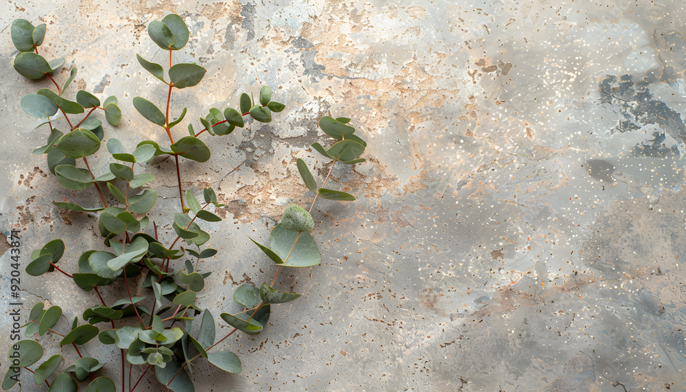 Naklejka premium Eucalyptus branches on a rough stone surface top view. Wediing invitation card mockup